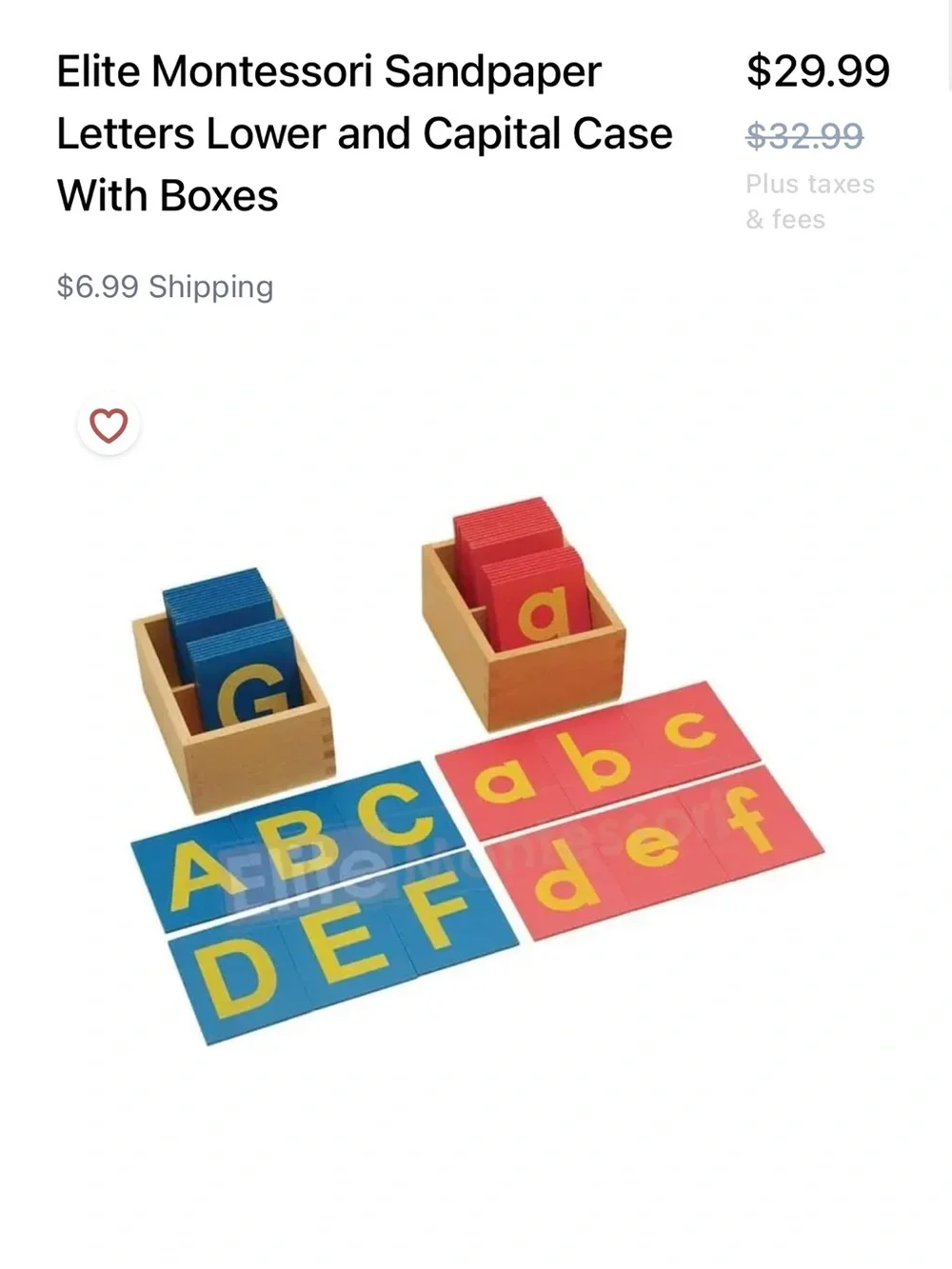 Montessori Sandpaper Tactile Letters 26 Uppercase and 26 Lowercase Wood Box Toy